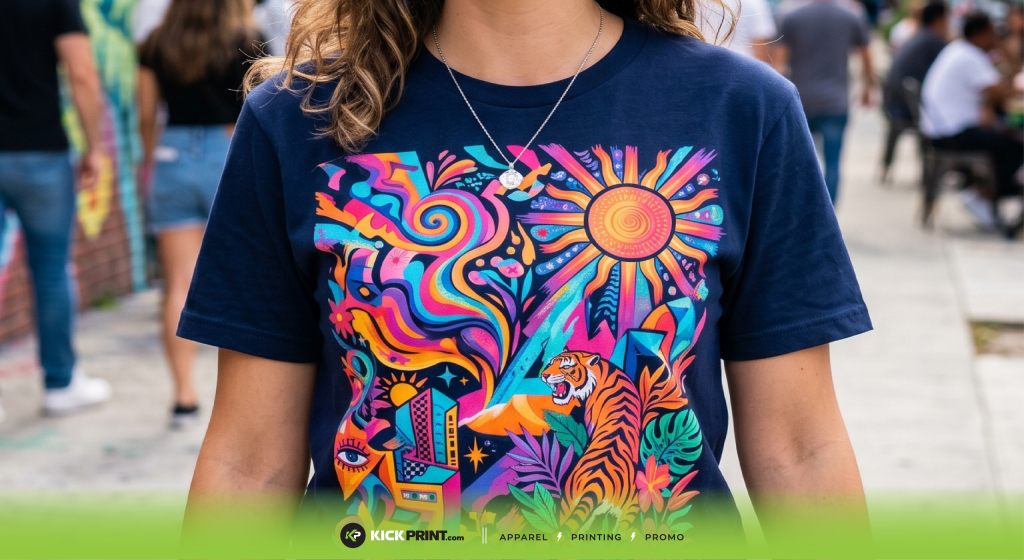A person wearing a navy blue t-shirt with a colorful, psychedelic design featuring a tiger, sun, rainbow, and abstract patterns—almost as vibrant as popular file types. The background shows an outdoor urban setting with people blurred in the distance.