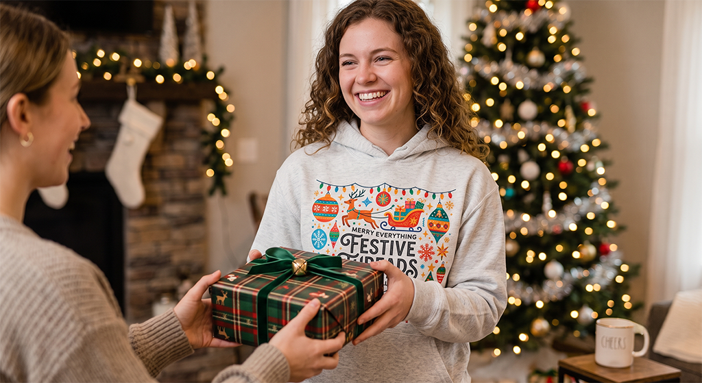Two people dressed in festive holiday apparel are smiling and exchanging a wrapped gift in a cozy, decorated living room with a lit Christmas tree and stockings hanging by a fireplace in the background.