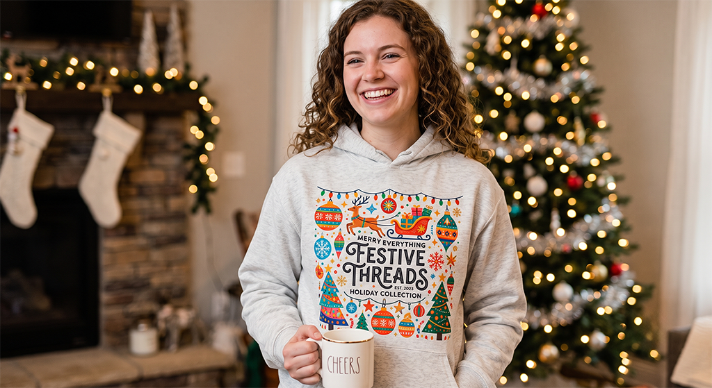 A smiling person in festive holiday apparel holding a mug that says Cheers stands in a cozy living room with a decorated Christmas tree and stockings by the fireplace.