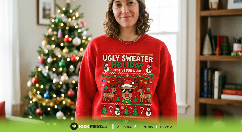 A person in holiday apparel—a red sweater with festive designs and text reading Ugly Sweater Holiday - Festive Fun & Joy—stands smiling in a decorated room, with a Christmas tree and ornaments in the background.