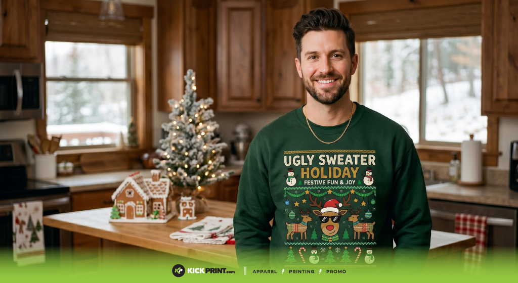 A smiling man in festive holiday apparel stands in a kitchen, wearing a green Ugly Sweater Holiday sweater with joyful designs. Behind him, a decorated mini Christmas tree and gingerbread houses sit on a wooden counter.