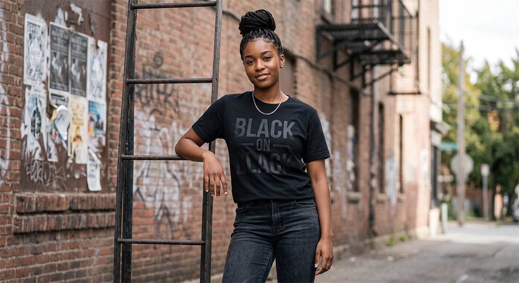 A woman with braided hair, wearing a Black on Black t-shirt and jeans, stands outdoors beside a metal ladder against a graffiti-covered brick wall adorned with bold Black Ink designs. She smiles slightly and faces the camera.