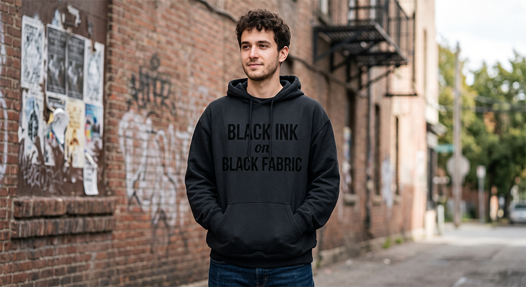 A young man in a black hoodie emblazoned with the text Black Ink on black fabric stands in an urban alley, framed by graffiti-covered brick walls and his hands tucked casually in his pockets.