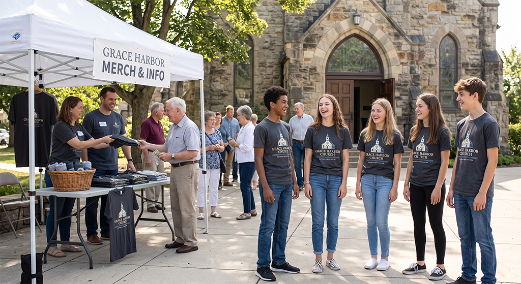 A group of teens in matching church shirts stands smiling outside a stone church near a merch and info tent, helping out at the fundraiser, while adults chat and browse merchandise.