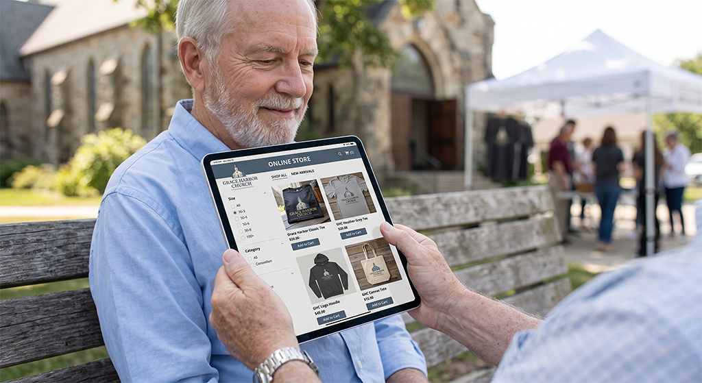 An older man sits on a bench outdoors while another person shows him an online store page with clothing and accessories displayed on a tablet, possibly as part of a fundraiser. A church and a tent are visible in the background.