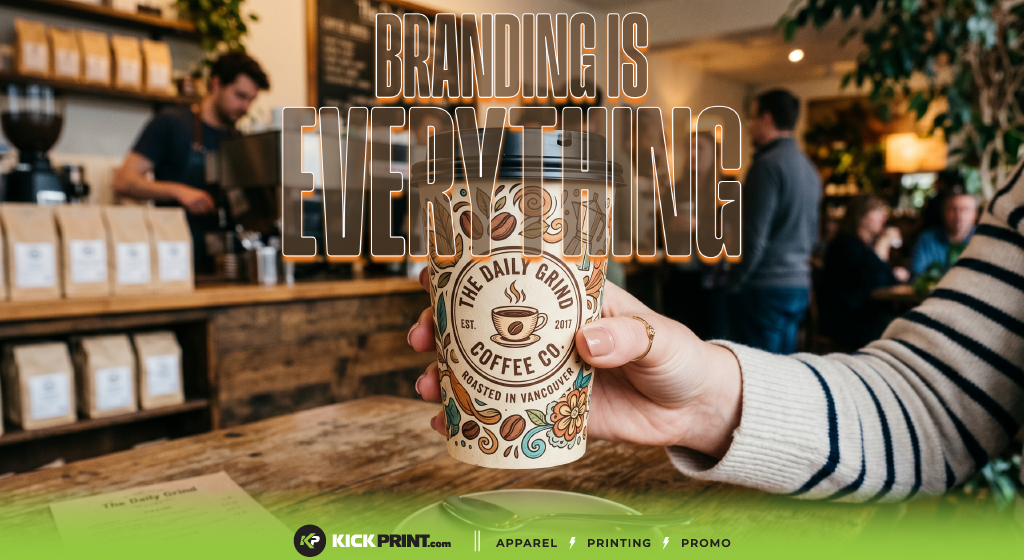 A person holds a branded coffee cup in a busy café. Large text over the image reads Branding Is Everything—make more money with strong branding. Kick Print’s logo and services—apparel, printing, promo—are listed at the bottom.
