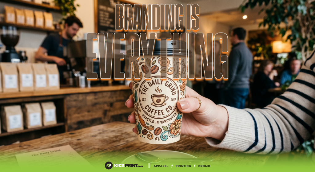 A person holds a branded coffee cup in a cozy café. Large text reads, Branding is Everything—showing how to make more money through strong branding. Coffee bags, a barista, and KickPrint.com’s logo and services appear at the bottom.