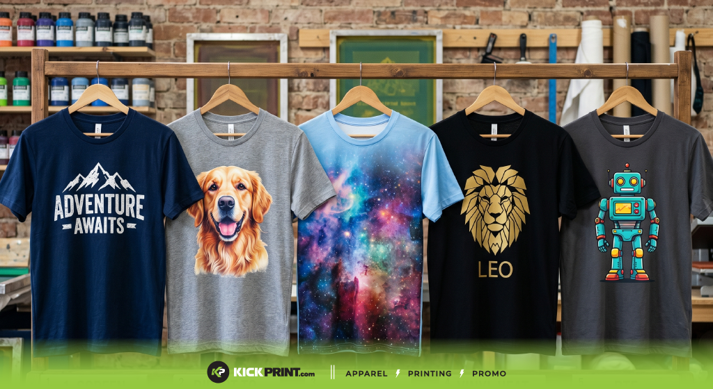 Five colorful t-shirts hang on a rack for a fundraiser: one with Adventure Awaits and mountains, a golden retriever, a galaxy, a lion labeled Leo, and a cartoon robot, displayed in a print shop with art supplies in the background.