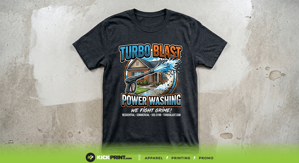 A dark company t-shirt with a colorful graphic showing a house being power washed, water spraying from a pressure washer. Text reads Turbo Blast Power Washing - We Fight Grime! Residential - Commercial.
