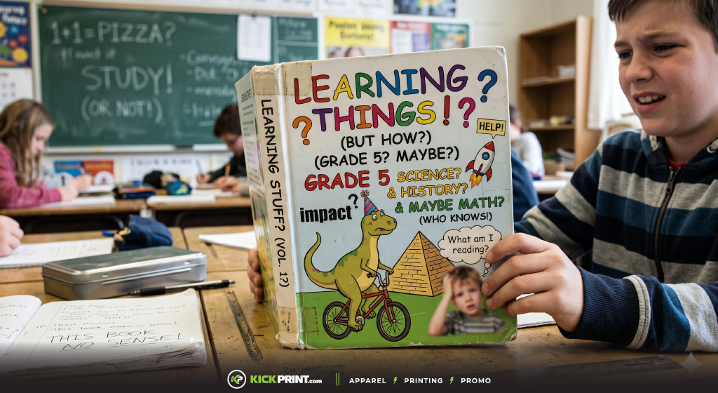 A boy in a classroom holds a colorful textbook titled “Learning Things!? Grade 5 Science & History? Maybe Math?” with a cartoon dinosaur, showing off one of the School Edition’s worst design fails. Other students work at desks in the background.