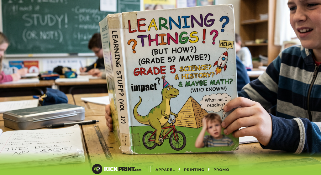 A student holds a colorful book titled LEARNING THINGS!?—the school edition—in a busy classroom. The cover features playful illustrations and questions about science, history, and math. Other students sit and write at their desks.