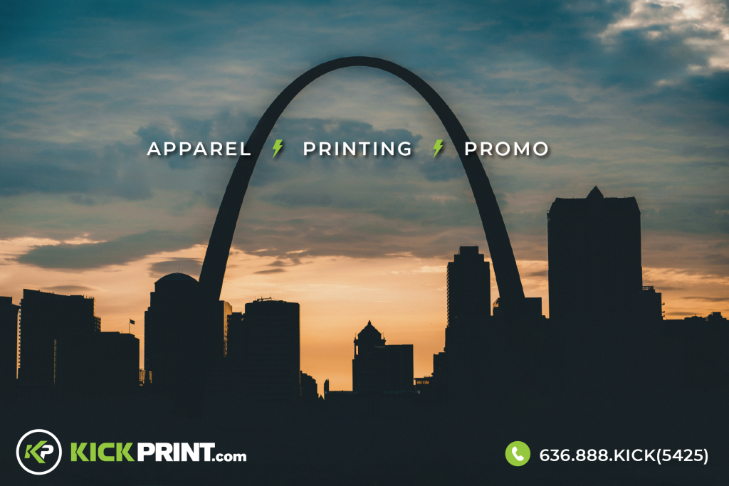 Silhouette of St. Louis Gateway Arch with city skyline at sunset. Text reads “Company T-Shirts ⚡ Printing ⚡ Promo.” KickPrint.com logo and contact info appear at the bottom. Perfect for custom t-shirts in St. Louis!.