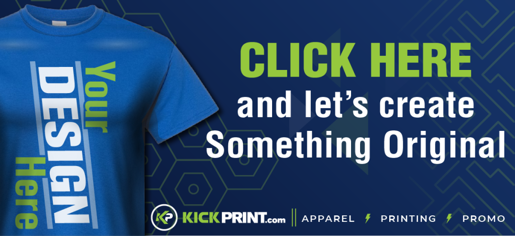 Blue graphic with a t-shirt showing the words Your DESIGN Here. Text reads: CLICK HERE to create original Company T-Shirts in St. Louis. KickPrint.com logo and icons for apparel, printing, and promo at the bottom.