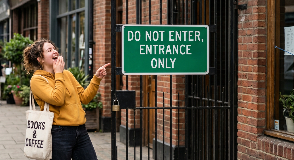 A woman in a yellow hoodie with a “BOOKS & COFFEE” tote stands laughing, pointing at a green sign on a metal gate that reads “DO NOT ENTER, ENTRANCE ONLY”—a classic example of signage fails outside a brick building.
