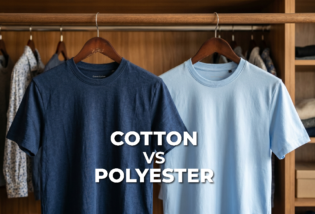 Two T-shirts on hangers in a closet—one Cotton in dark blue and one Polyester in light blue—showcase the difference, with COTTON VS POLYESTER boldly displayed in large white letters across the shirts.