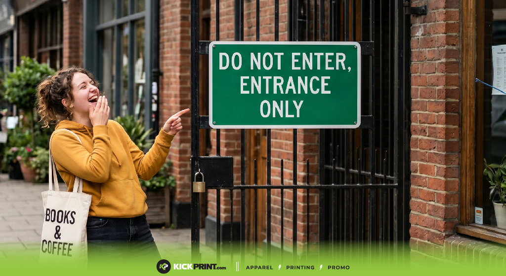 A smiling person in a yellow hoodie points and laughs at a green sign on a gate that reads “Do Not Enter, Entrance Only”—a classic example of funny signage fails. They carry a tote bag labeled Books & Coffee outside a brick building.