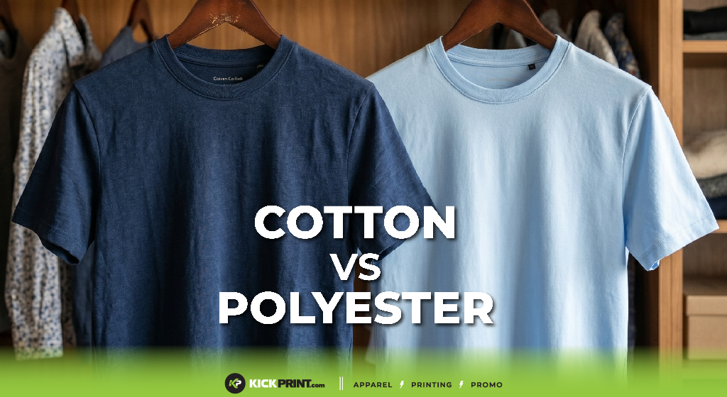 Two plain t-shirts, one Cotton and one Polyester, hang side by side on wooden hangers in a closet. Text over the image reads: Cotton vs Polyester—showcasing the difference. KickPrint.com logo is at the bottom.