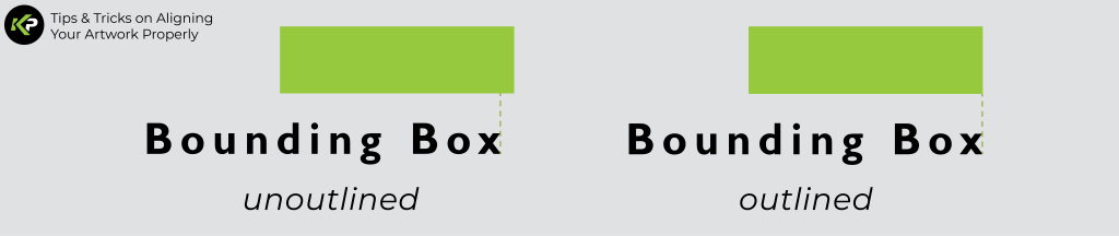 A graphic compares two green rectangles labeled Bounding Box. The left box is unoutlined with a solid top edge; the right is outlined with a dashed outline below. Text reads: Tips & Tricks on how to align your artwork properly.