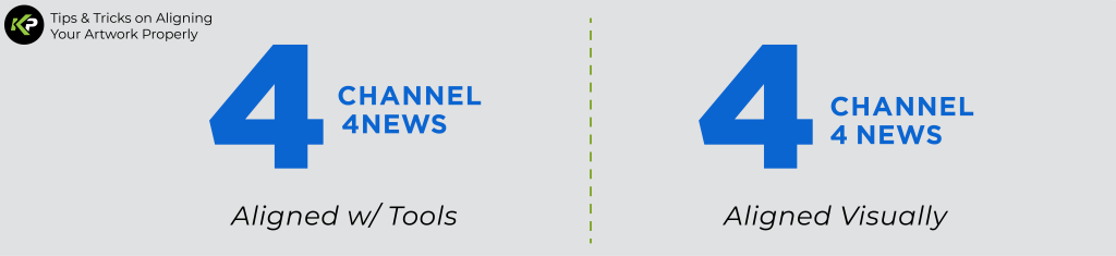 A comparison of two CHANNEL 4 NEWS logos: the left is labeled Aligned w/ Tools and the right Aligned Visually. The left logo looks less centered, highlighting how visual align methods can sometimes outperform tool-based alignments.