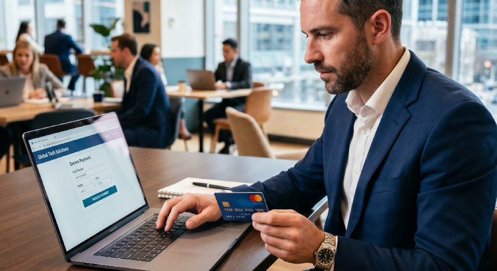 A man in a suit sits at a table holding a credit card and using a laptop to make an online fundraising payment, while others work at tables in the background of a modern office setting.