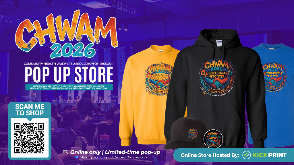 Colorful promotional image for the CHWAM 2026 Pop Up Store, featuring branded apparel like a yellow t-shirt, black hoodie, blue shirt, and black hat. Includes store details and a QR code to shop and support our fundraising efforts.