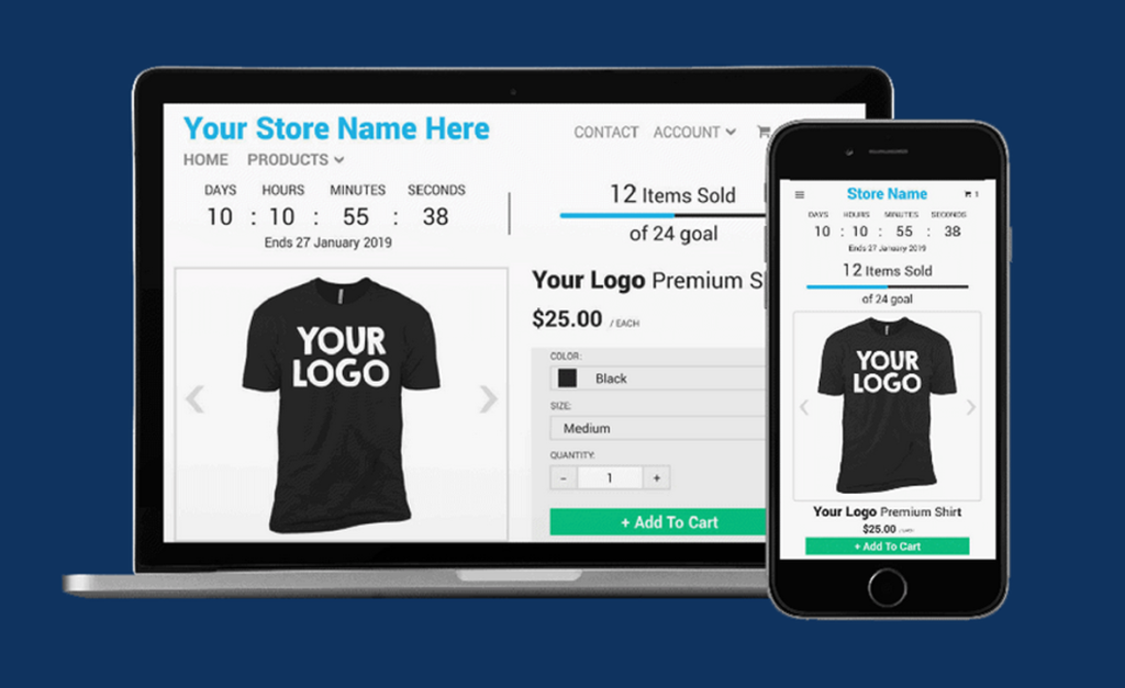 A laptop and smartphone display an online store selling a black fundraising T-shirt with Your Logo printed on it. The website shows price, available sizes, quantity, and an “Add to Cart” button on both screens.