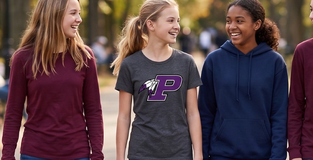 Four smiling teenage girls walk outside together. One wears a gray T-shirt with a large purple “P” and feather logo, featuring a breathable print, while the others wear solid-colored sweatshirts or long-sleeve shirts. Trees and blurred people are in the background.