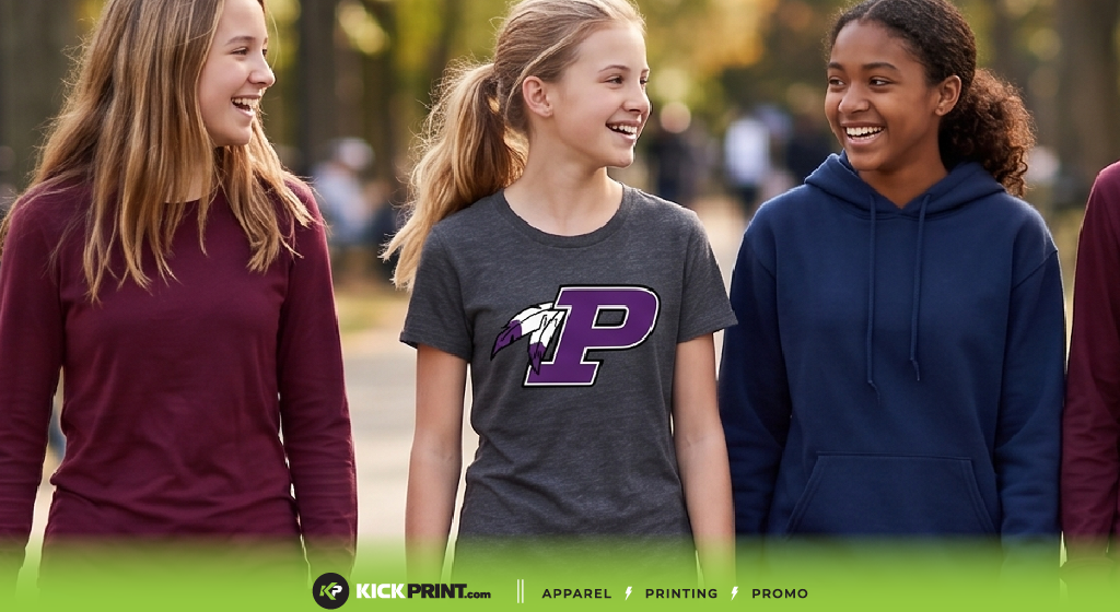 Three smiling teenage girls walk together outdoors. One wears a gray t-shirt with a large purple P and feathered logo featuring a breathable print. The other two wear maroon and navy hoodies. The Kick Print logo is at the bottom of the image.