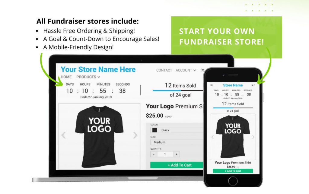 A laptop and smartphone display a custom free online store selling t-shirts with YOUR LOGO text. Promotional text encourages you to fundraise for cancer, highlighting easy ordering, shipping, countdown timer, and mobile-friendly design.
