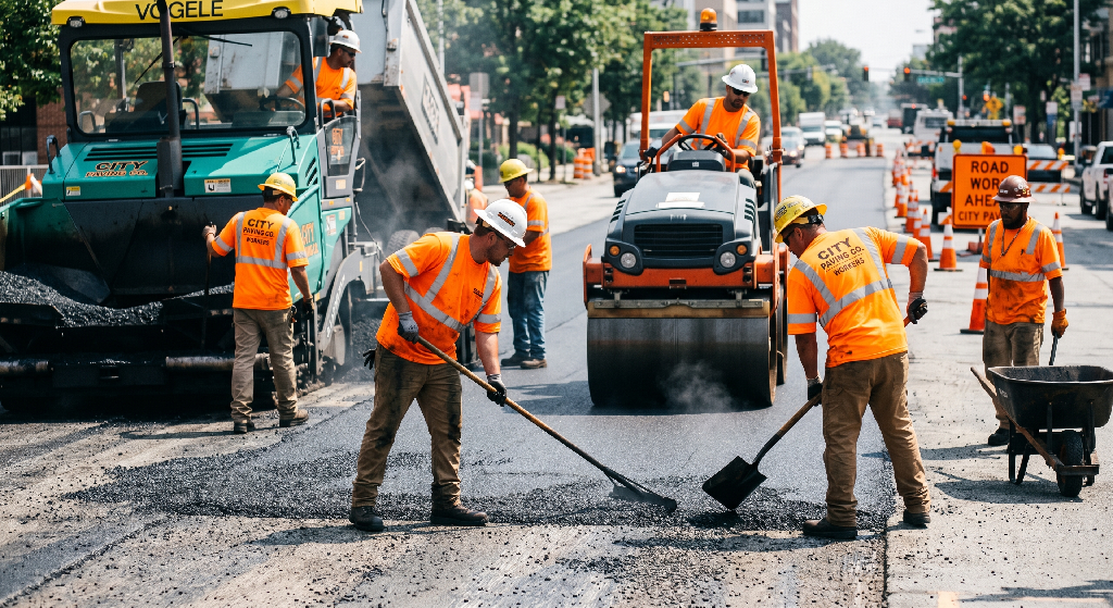 Construction workers in high visibility shirts and helmets pave a road. Two use shovels, one operates a steamroller, and others from paving companies work nearby as asphalt pours from a truck. Traffic cones line the street.