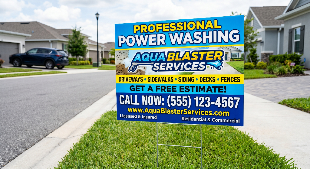 Yard Signs on grass advertise Aqua Blaster Services for professional power washing. The sign lists services, a phone number, website, and offers free estimates for residential and commercial properties. Houses and a street appear in the background.