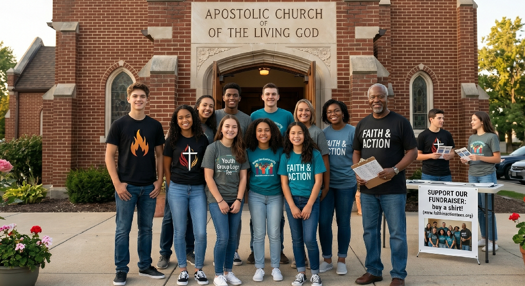 A diverse Apostolic Youth Group, mostly teens and two adults, stand outside a brick church wearing faith-themed shirts. Smiling, they're promoting a fundraiser to raise money by selling T-shirts near the church entrance.