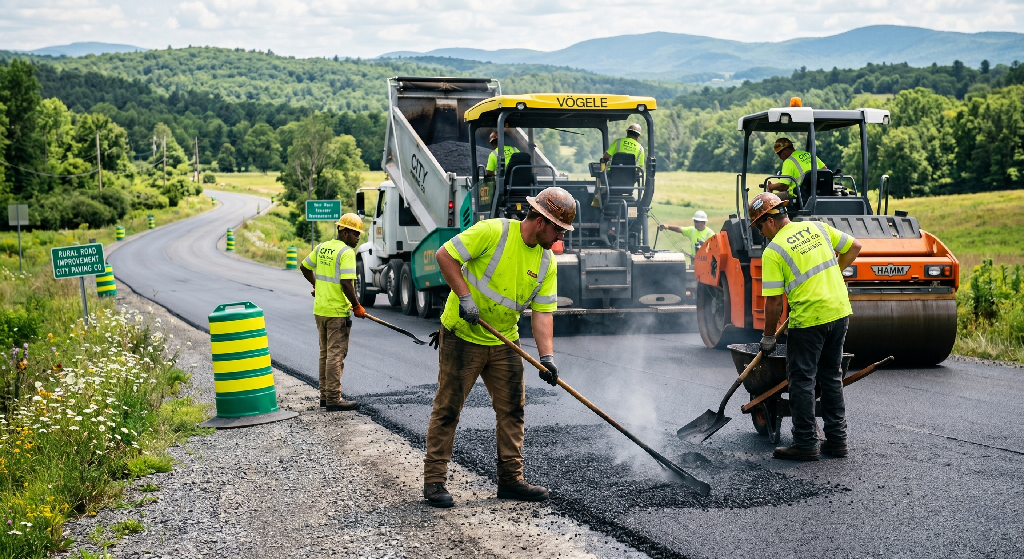 Road construction workers in high visibility shirts repave a rural road with mountains and greenery in the background. Machinery and traffic cones are visible, as paving companies’ crews use shovels and hand tools to spread asphalt.