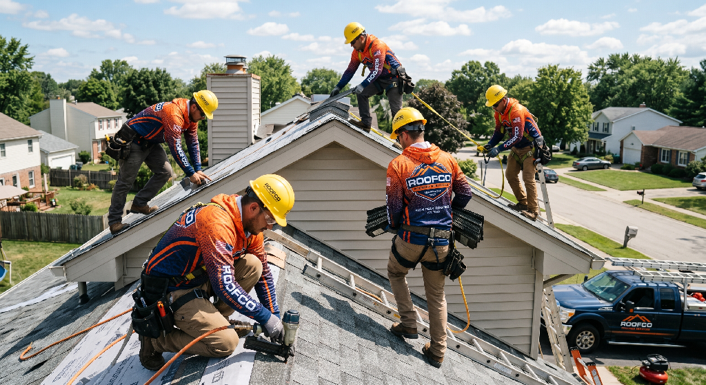 Five construction workers in matching orange and blue shirts, made with full dye sublimation, and yellow helmets are installing shingles on a house roof. The sky is clear with suburban houses and trees in the background.