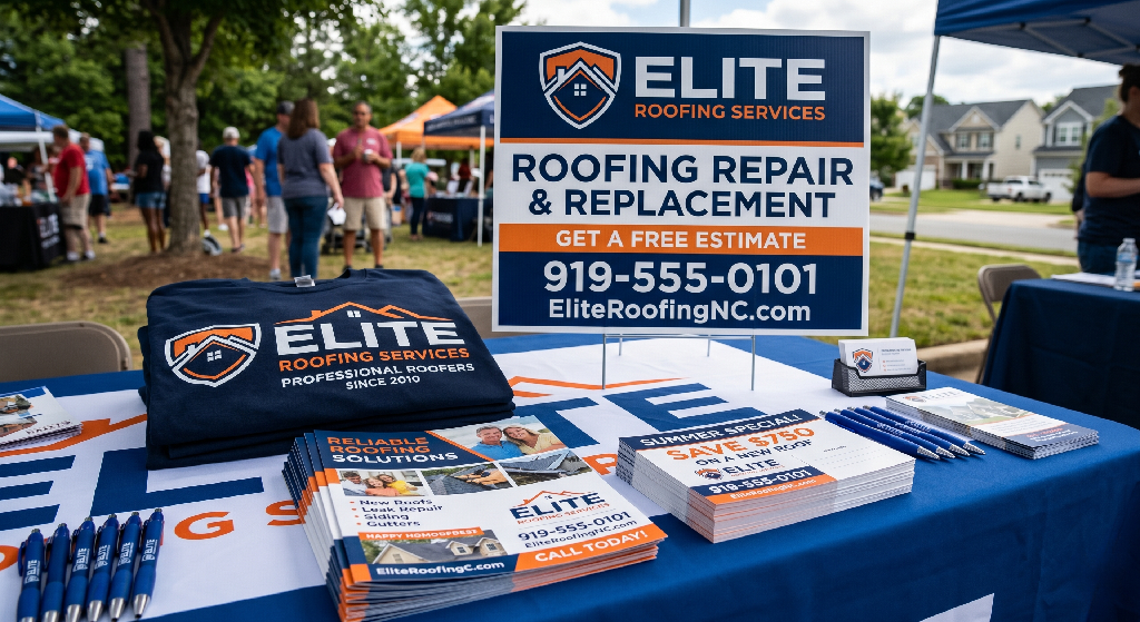 A booth for Elite Roofing Services displays roofing promotional items like branded shirts, brochures, and pens, plus a sign offering roofing repair and replacement with a phone number and website. People gather at other booths in the background.