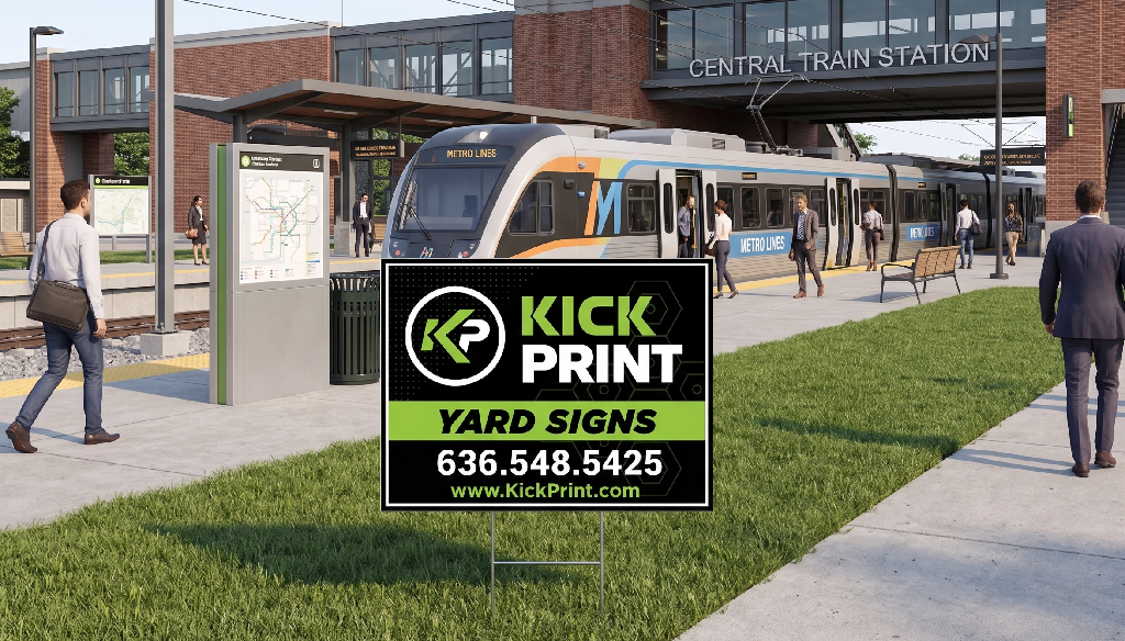 A Kick Print Yard Signs display with contact info stands in front of a modern train station, as commuters walk near a stopped MetroLink train and check the nearby transit map.
