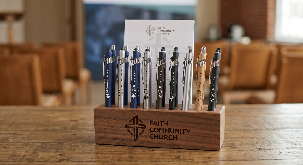 A wooden pen holder with Faith Community Church and a cross logo, perfect as one of your church promotional items, holds pens and notepads on a table in a room with blurred chairs in the background.