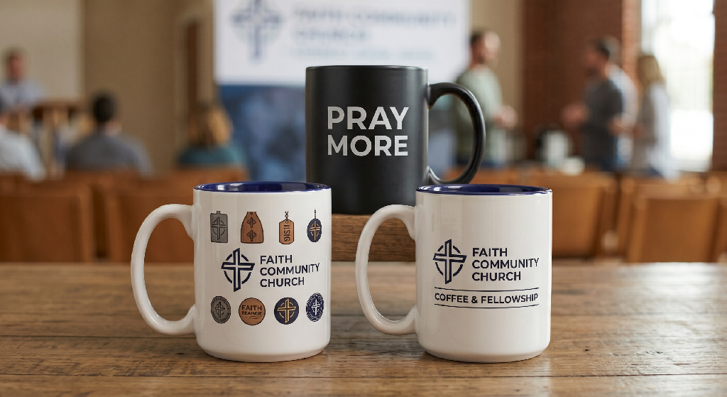 Three coffee mugs sit on a wooden table; two white mugs display Faith Community Church logos, showcasing effective church marketing and promotional products. A black mug in the center reads PRAY MORE, with people and chairs blurred in the background.