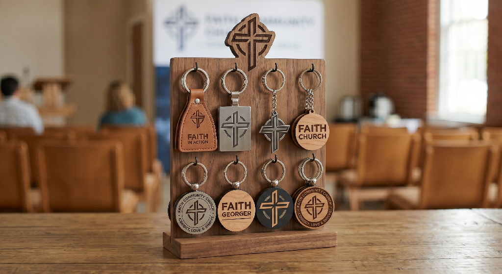 A wooden stand displays several church promotional items—keychains with faith-based symbols and words like Faith in Action, Faith Church, and Faith Grower—in a room with chairs and people in the background.