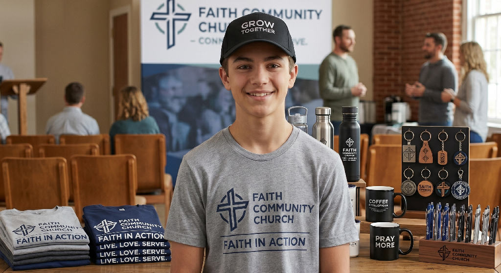 A smiling boy in a Faith Community Church t-shirt and Grow Together cap stands before a table of church promotional products, with people talking in the background near a Churches marketing banner.