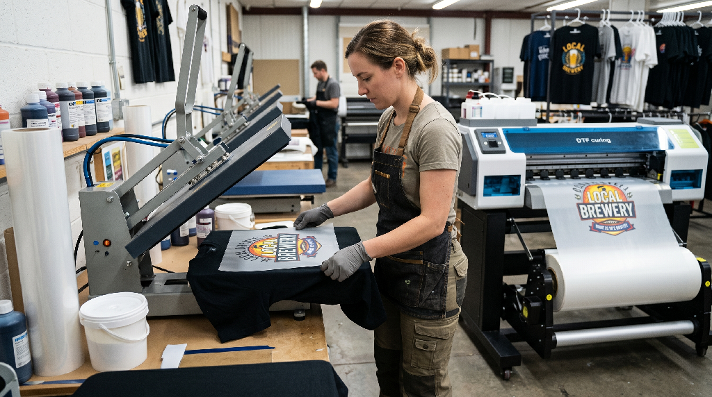 A woman uses a heat press to print a Eureka Local Brewery design on a T-shirt in a workshop, surrounded by printers, inks, and printed graphics. Another person works in the background.