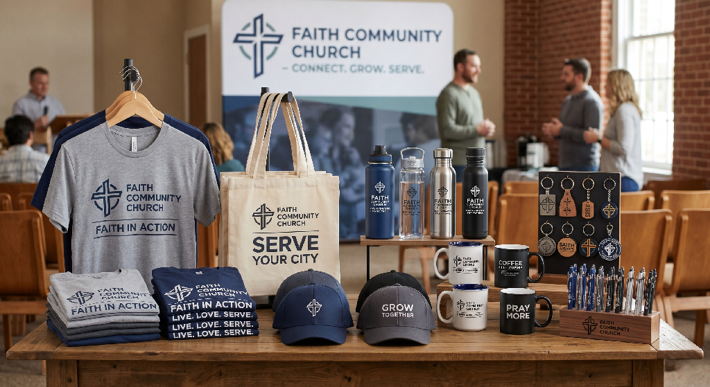A display table features Faith Community Church promotional products—shirts, hats, mugs, water bottles, pens, tote bags, and keychains. In the background, people talk near a church banner inside a well-lit room.