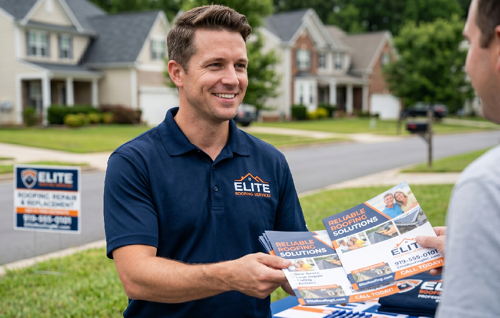 A smiling man in an Elite Roofing Services shirt hands promo items and brochures to another person on a suburban street, with houses and a roofing service yard sign visible in the background to help promote business.