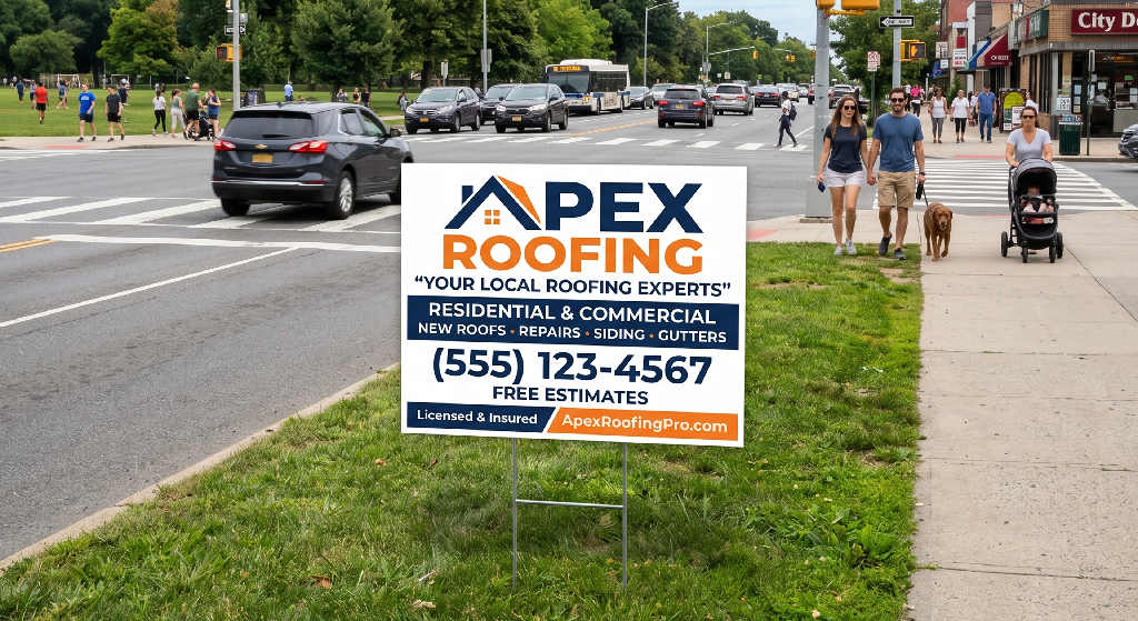 A large Apex Roofing yard sign with contact information is displayed on a grassy area near a busy sidewalk and street, catching the eye of cars and pedestrians passing by.