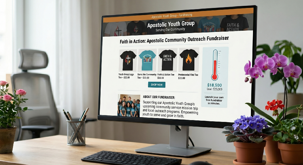 A desktop monitor on an office desk displays a fundraising webpage promoting the Apostolic Youth Group, showing T-shirts for sale and a thermometer tracking efforts to raise money. Flowers and office supplies are arranged around the monitor.