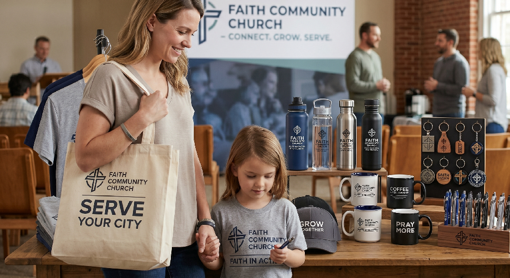 A woman and child stand by a table displaying Faith Community Church merchandise—shirts, mugs, hats, and pens—highlighting Church Promotional Items beneath a church banner, with people talking in a bright room.