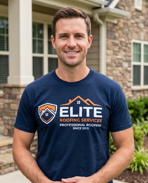 A smiling man in a navy Elite Roofing Services t-shirt stands outside a house with stone siding and white trim, highlighting effective Roofer Marketing for a professional roofing company.