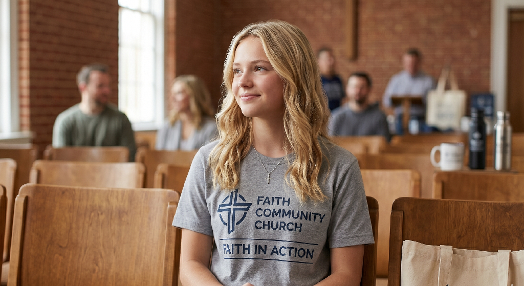 Teenage girl with long blonde hair sits smiling in a church pew, wearing a Faith Community Church T-shirt—one of their popular promotional products for churches. Other people are blurred in the sunlit, brick-walled background.
