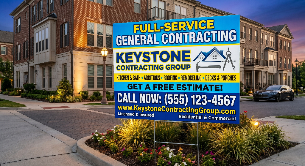 A large outdoor yard sign in front of townhouses advertises Keystone Contracting Group’s general contracting services, including free estimates and contact information. The sign features bold, colorful text and graphics.