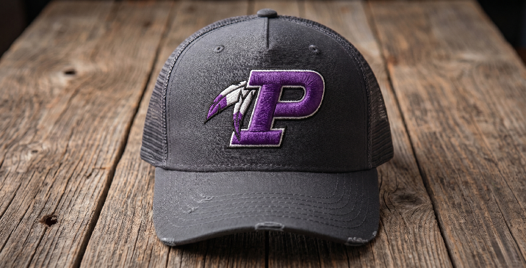 A gray mesh baseball cap with a purple letter P and a feather design, inspired by the Pacific, embroidered on the front, placed on a rustic wooden surface.